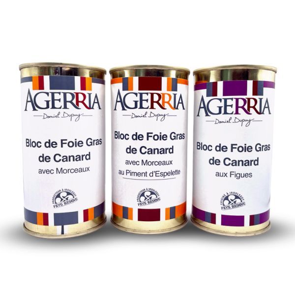 Lot 3 blocs de foie gras de 130g ou 200g (nature, piment, figues) Lot 3 blocs de foie gras de 130g ou 200g (nature, piment, figues)